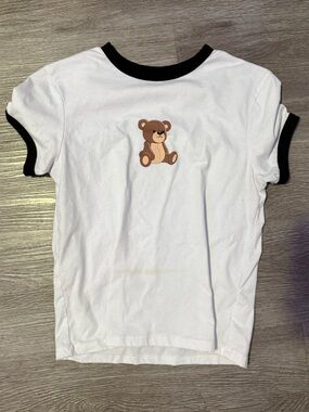 White Tee with Teddy Graphic and Black Trim